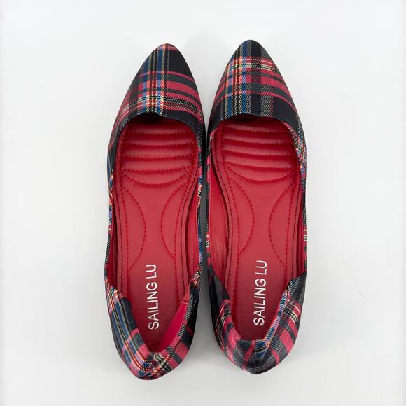Sailing Lu Plaid Pointed Toe Flats Women’s Size Euro 37 US 6.5 Red & Black - Picture 7 of 9